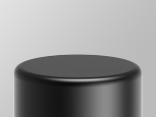 Black product pedestal on greybackground front diagonal  view. Platform for design visualization . Product promotion stand. 3d rendering