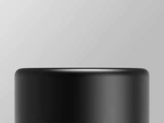 Black product pedestal on grey background side view. Platform for design visualization. Product promotion stand. 3d rendering