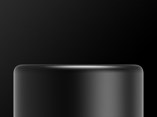 Black product pedestal on black background side view. Platform for design visualization. Product promotion stand. 3d rendering