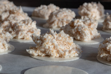 Homemade coconut macaroons coconut meringue cookies in baking pan paper, close up. Coconut macaroons are traditional Christmas cookies in Germany called Kokosmakronen.