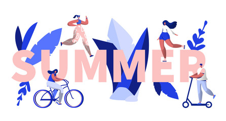 Summer Vacation Word Banner Template. Outdoor Activity Vertical Poster for Print and Motivation. Travel Characters Flat Cartoon Vector Illustration