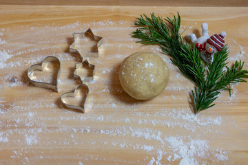 Christmas Baking background. Ingredients for cooking christmas baking on wood background.