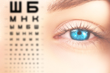 Human female blue eyes close up, check of human vision, alphabetical diagram,  table