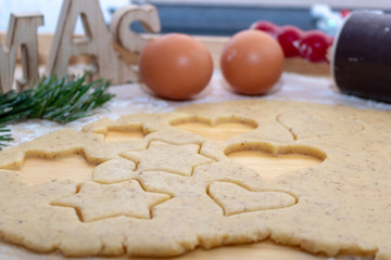 Christmas Baking background. Ingredients for cooking christmas baking on wood background