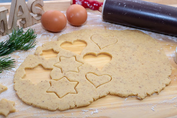 Christmas Baking background. Ingredients for cooking christmas baking on wood background