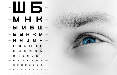 Human male blue eye close up, check of human vision, alphabet chart,  table