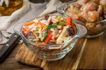Raw chicken fillet breast cut into pieces.