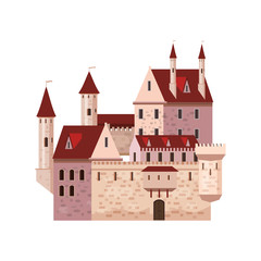 Castle, fortress, ancient, architecture middle ages Europe, Medieval palace with high towers and conical roofs, vector, banners, isolated, illustration, cartoon style