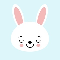 Cute bunny vector graphic icon. White rabbit animal head, face illustration. Isolated on blue background