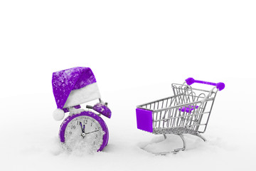 Shopping cart and alarm clock on the snow. Last minutes of christmas sale. Countdown to the end of discounts. Hurry up for gifts. Preparing for the holiday. Special offers. Have time to buy.