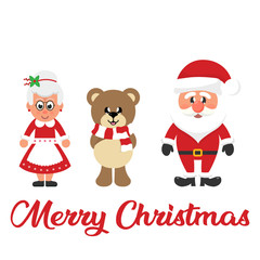 winter christmas bear with scarf and santa claus and cartoon mrs santa and christmas text