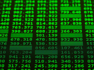 Display of Stock market green shares for technical analysis on dark background