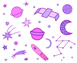 Cosmos elements on white background. Collection. Colorful doodles for design. Hand drawn simple space symbols. Line art. Set of different astronomical signs. Art creation
