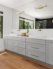 Beautiful Bathroom Double Vanity in New Home, with Large Mirror 