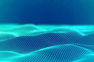 Abstract landscape of Turquoise digital particles or sound waves. Big data technology background. Visualization of sound waves. Virtual reality concept: 3D digital surface. EPS 10 vector illustration.