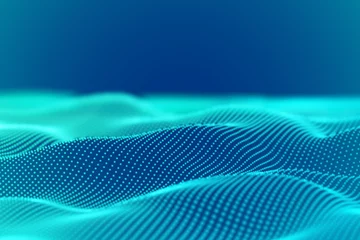 Abstrakte Landschaft aus türkisfarbenen digitalen Partikeln oder Schallwellen. Hintergrund der Big-Data-Technologie. Visualisierung von Schallwellen. Virtual-Reality-Konzept: digitale 3D-Oberfläche. EPS 10-Vektorillustration. © Maksim Kabakou