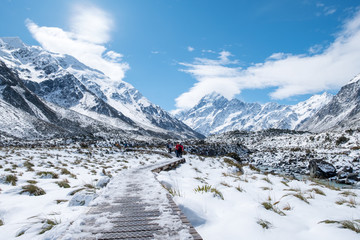 2018, Oct 13 - New Zealand, Mount Cook Natioanl Park, People walking on the boardwalk in Hooker...