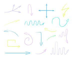 Colored infographic elements on isolated white background. Hand drawn simple arrows. Line art. Set of different pointers. Abstract indicators