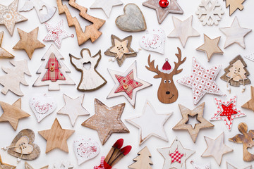 Christmas composition. Stars decorations, on white background. Christmas, winter, new year concept. Flat lay, top view, copy space.