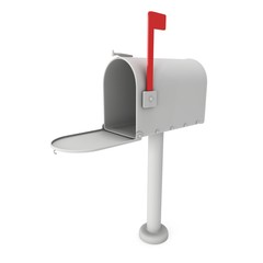 Mailbox with open door and raised flag. 3d render illustration isolated on white background.