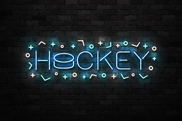 Vector realistic isolated neon sign of Hockey typography logo for decoration and covering on the wall background.