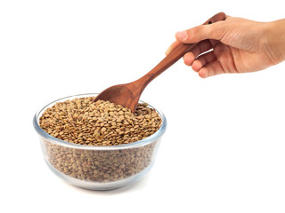 dry lentil in glass bowl with wooden spoon in the hand isolated on white background