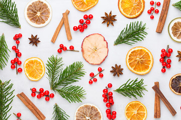 Christmas composition. Gifts, cones decorations on white background. Christmas, winter, new year concept. Flat lay, top view, copy space.  Flat lay. Top view.