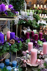 Decorated advent candles, christmas market shop in Vienna