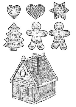 Gingerbread cookies and house illustration, drawing, engraving, ink, line art, vector