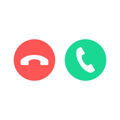 Phone call icons. Accept call and decline button. Green and red buttons with handset silhouettes. Vector icons set