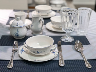 Laid table. Table setting. Preparing to feast. View from above. Still life