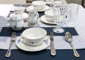 Laid table. Table setting. Preparing to feast. View from above. Still life