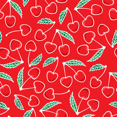 Hand drawing Cherry berry Fashion sketch seamless pattern isolated on red background. Vector illustration print design.