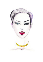 Fashion illustration. watercolor .   fashion portrait of beautiful elegant woman  