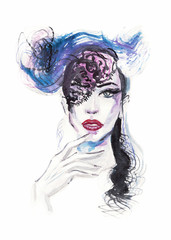  High Fashion. Art fashion illustration. Creative hat. Creative Hairstyle. beautiful mode