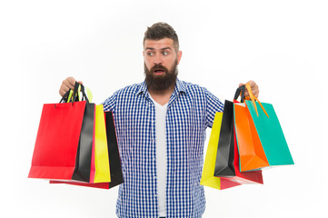 surprised brutal caucasian hipster with moustache. Shopping sale. Male barber care. Black Friday. Cyber Monday. Bearded man with shopping bags.. Mature hipster with beard. Quality service