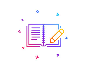 Feedback line icon. Book with pencil sign. Copywriting symbol. Gradient line button. Feedback icon design. Colorful geometric shapes. Vector