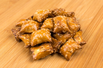 Pile of crunchy pretzel pillows snacks with filling