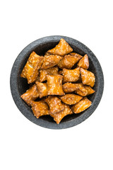 Pile of crunchy pretzel pillows snacks with filling