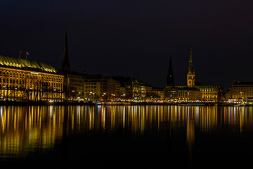 HAMBURG - GERMANY. on march 24, 2018 .Beautiful view of the city center of Hamburg, with town hall and Alster river. Night scene. Germany.