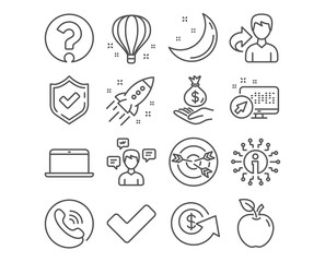 Set of Air balloon, Question mark and Targeting icons. Laptop, Conversation messages and Income money signs. Dollar exchange, Tick and Startup rocket symbols. Vector