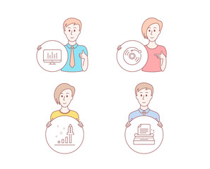 People hand drawn style. Set of Music making, Development plan and Vinyl record icons. Typewriter sign. Dj app, Strategy, Retro music. Writer machine.  Character hold circle button. Man with like hand