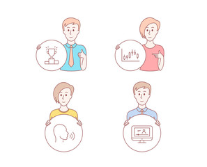 People hand drawn style. Set of Winner podium, Human sing and Candlestick graph icons. Online video sign. Competition results, Talk, Finance chart. Video exam.  Character hold circle button. Vector