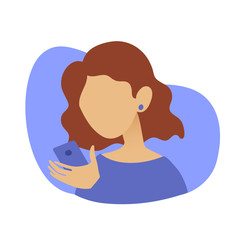 Portrait of a  woman with a phone. Addiction on the smartphone and the Internet. Social networks. Vector Flat Illustration