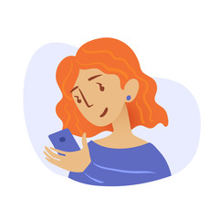Portrait of a redhead woman with a phone. Addiction on the smartphone and the Internet. Social networks. Vector Flat Illustration