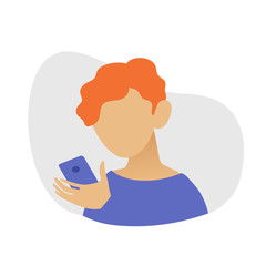 Portrait of a redhead man with a phone. Addiction on the smartphone and the Internet. Social networks. Vector Flat Illustration