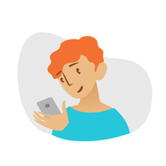Portrait of a redhead man with a phone. Addiction on the smartphone and the Internet. Social networks. Vector Flat Illustration