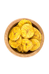 Pile of crunchy sliced dehydrated plaintain fruit chips © ecummings00
