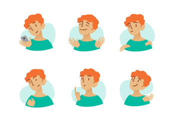 Set of man's emotions. Facial expression. Redhead boy avatar. Vector illustration of a flat design