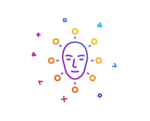 Face biometrics line icon. Facial recognition sign. Head scanning symbol. Gradient line button. Face biometrics icon design. Colorful geometric shapes. Vector